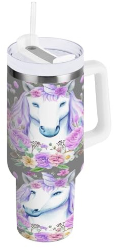 RPLIFE Tazza da caffè in acciaio inox con testa di unicorno e fiori, tazza termica con cannuccia, 1,18 ml