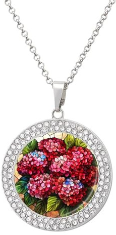 Jubonexis Stained Glass Hydrangea Flowers Round Pendant Necklace Silver Jewelry for Women