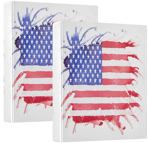 Aquarell-Ordner mit USA-Flagge, 3,8 cm, flexible D-Ringbücher mit Taschen, 3-Ringbücher für Schule, Uni, Büro, Weiß, 2 Stück