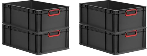 PROREGAL SuperSparSet 4x Eurobox NextGen Color | HxBxT 22x40x60cm | 44 Liter | Griffe rot geschlossen | Verstärkter Boden | Schwarz | Eurobehälter, Transportbox, Transportbehälter, Stapelbehälter