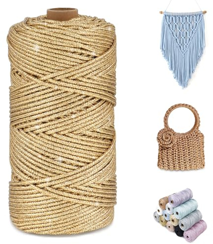 CAMAL Glitzern Makramee Garn 3mm x 100m Metallisch Garn für Taschen Häkeln & Stricken, Polyester Rope Luxus Häkelgarn für Taschen, Puppen, Decken, DIY-Dekoration (Kupfer-Gold)