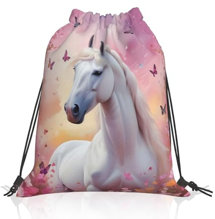 Leseogye Pferd Rucksack mit Kordelzug, Kordelzugbeutel Turnbeutel Große, Wasserdicht Kordelzug mit Schmetterling Muster, Pferd Geschenk, Sportbeutel für Herren Damen, Gymsack, Sportrucksack