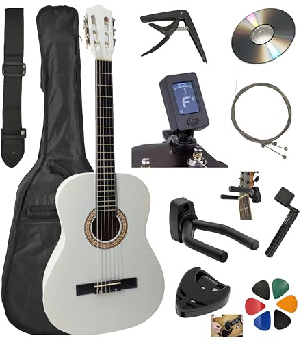 AMBRE Pack Guitare Classique 3/4 pour Gaucher (Enfant 8-12 ans) + 10 Accessoires (Housse, Support Mural, Accordeur, Sangle, Capodastre, Cordes, 6 Médiators) + Cours Vidéo & CD (Blanc, 3/4, Gauche)