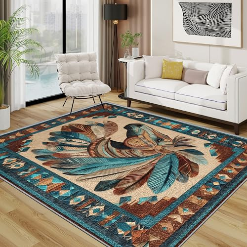 TerroVee Pferd Teppich, Indianer Tribal Teppiche rutschfest Waschbar Weich, Südwestlich Ethnisch Pferd Wohnzimmerteppich Schlafzimmer Jugendzimmer, 120x180 cm, Petrolbraun