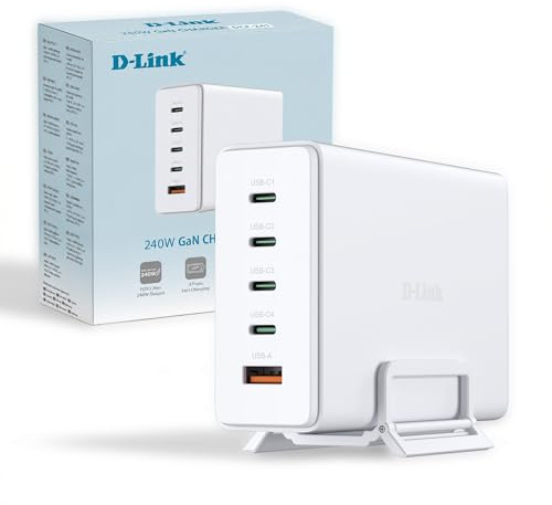 D-Link DCF‑241 240 W GaN‑Ladegerät (5‑Port USB‑Ladestation mit 4× USB‑C & 1× USB‑A, PD 3.1, QC 4.0/3.0, intelligente Leistungssteuerung, kompakt, für Laptops & Smartphones)