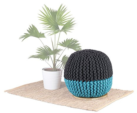 Native Home Pouf Hocker, 2 in 1, Beistelltisch & Sitzhocker, rund, Mangoholz, Strick, HxBxT: 40 x 40 x 40 cm, blau-grau