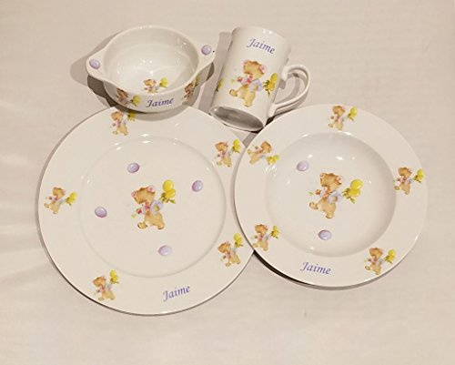 Vajilla Infantil Porcelana Personalizada con Nombre, 4 Piezas,Decorado Osos con Globos.