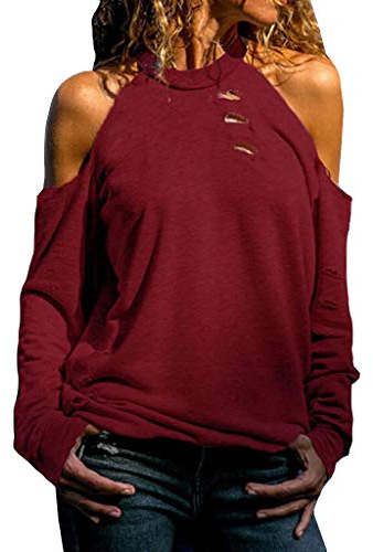 iHENGH Damen Top Bluse Lässig Mode T-Shirt Frühling Sommer Frauen Bequem Blusen Lange Hülse Weg vom Schulter Normallack beiläufiges Hemd Einfache Oberteile(Wein, L)