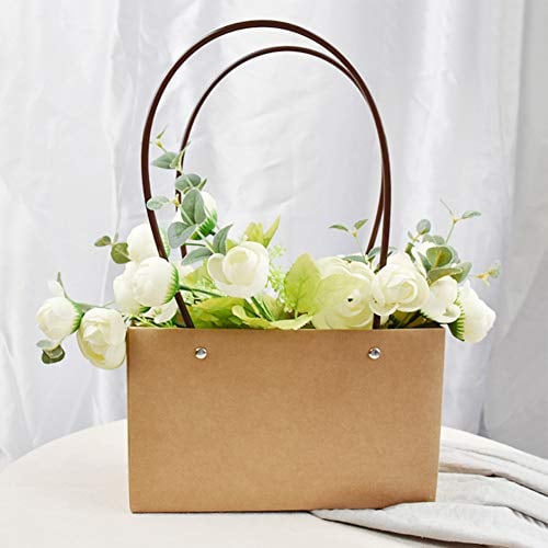 10Pcs Waterproof Paper Flower Gift Bags with Handle Kraft Bouquet Carrier Bags Box Brown Paper Tote Bags for Valentine's Day, Fresh Flower Plant Gift, Floral Arrangement, Wedding Party Favors