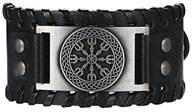 Flongo Lederarmband Männer Groß Leder Armband Herren Armreif Viking Kompass Manschette Schwarz Verstellbar Motorradfahrer Biker Herren-Accessoires