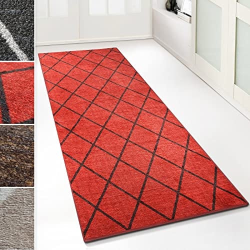 Floordirekt Teppich-Läufer Cosenza | Modernes Rauten-Design | Hochwertige Verarbeitung | Rutschhemmender Gelrücken | Erhältlich in 5 Farben & vielen Größen (80 x 600 cm, Rot)