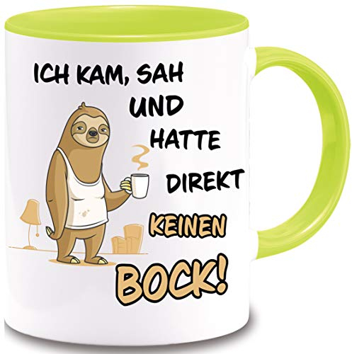 Tasse Faultier Spruch ICH KAM, SAH UND HATTE DIREKT KEINEN BOCK! Geschenkidee - Tasse mit Spruch - Kaffeetasse – Kaffeebecher – Bürotasse - Geschenk für Chef, Chefin, Arbeitskollege (Hellgrün)