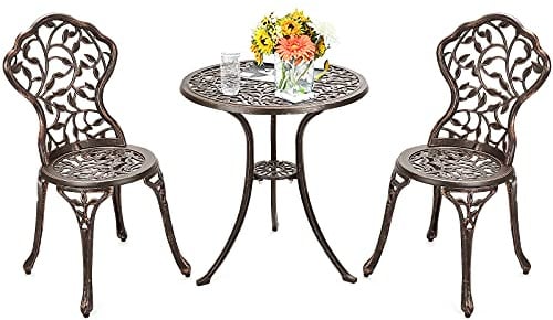 RELAX4LIFE Juego de mesa y 2 sillas de jardín de fundición de aluminio y hierro fundido antioxidante, estilo rococó con rosas y adornos exquisitos, orificio para sombrilla, mesa y sillas de exterior