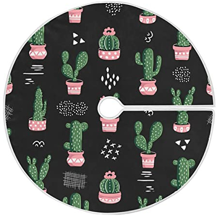 Seamless Green Cactus Cacti Pink Pots on Black 47.2 Large Big Tree Skirt Circular Mat Ornament for Christmas Xmas Party Holiday Decorations