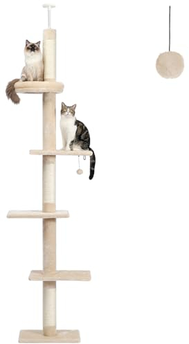PETEPELA Katzenbaum, 5-stöckig, Katzenbaum von Boden zu Decke, höhenverstellbar (244-274 cm), großes Kätzchen-Kletterzentrum mit Kratzbaum, gemütliches Bett, baumelnder Ball für Indoor-Katzen, Beige