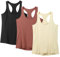 icyzone Damen Sport Top Fitness Yoga Shirt Ringerrücken atmungsaktives Sportoberteile Funktionsshirt Gym Tanktop, 3er Pack (S, Black/Cream White/Brick)