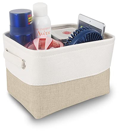 Mangata aufbewahrungsbox Stoff, aufbewahrungsbox grau, Korb aufbewahrung Stoff mit Griffen für Schrank, Spielzeug, kleiderschrank, Regale, Kleidung (faltbar) (Helles Khaki Weiß, klein)
