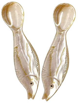 HRASY Lot de 2 cuillères à caviar faites à la main - En nacre - Avec poignée ronde - 10 cm - Couleur café - En forme de poisson
