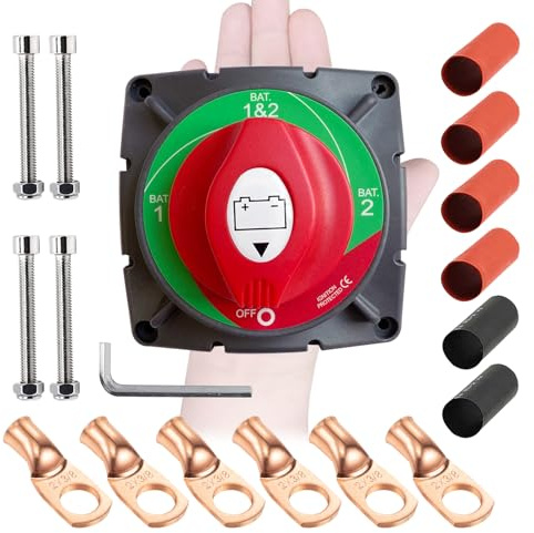 Ampper High Current 1-2-Both-Off Battery Switch, 12-48 V Battery Master Cut Disconnect Switch Isolator with Lugs for Marine Boat, Ship, Yacht, RV, Truck (1-2-Both-Off, High Current Kit)
