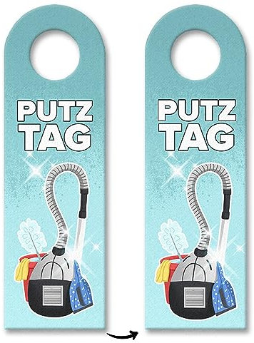 Türhänger für den Putztag in blau mit Staubsauger Motiv Türschild um WG Mitbewohnern oder Mieter daran zu erinnern, dass heute Putztag oder Kehrwoche ist und sie sauber machen