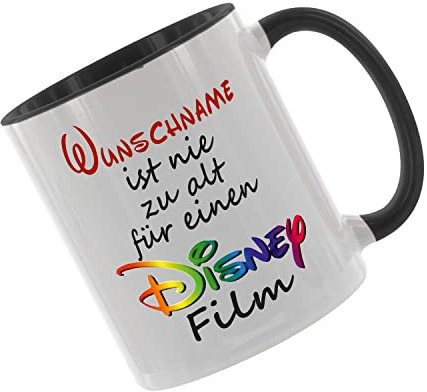 Crealuxe Kaffeetasse ' Wunschname ist nie zu alt für einen Disney Film ' mit Motiv, Tasse mit Druck, auch individuell mit Spruch, Foto, Wunschtext, Name (Schwarz)