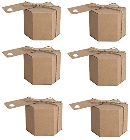 FASE 50 Stück Kraftpapier Süßigkeiten Box, sechseckige Karton Süßigkeiten Box Geschenkbox mit Schnur und Etikett, Hochzeit Party Supplies