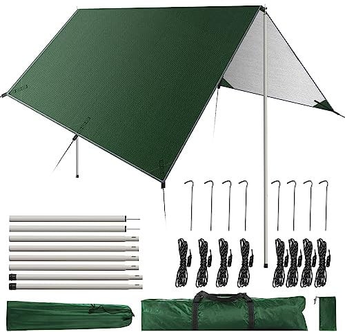 GEEDIAR Camping Tarp with Poles - Hammock Rain Fly Tent Tarp with Poles 300 x 400 cm - Waterproof Camping Sun Shelter for Outdoor, Travel, Sunshade, Rain, Hammock (Dark Green)
