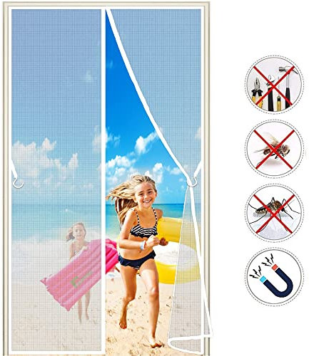 Rideau de Porte Antimoustique 185x195 cm Fenêtres Anti Moustiques Mouches, Magnet Fly Screen Door Insect Protection Moustiquaire Porte, 2023-Version Blanc