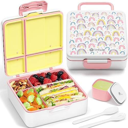 Fimibuke Lonchera Bento para niños, a prueba de fugas, con 4 compartimentos, sin BPA, apta para lavavajillas, con utensilios, porciones ideales para niños de 3 a 12 años, niñas y niños para la escuela