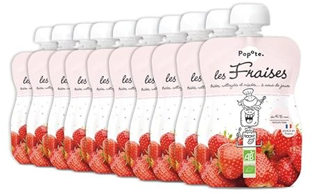 POPOTE - Compote Fraises Pommes Bio - Dès 4/6 Mois Gourde Individuelle 120g - Recette Lisse - Première Découverte Fruitée - Pour Gouter, Dessert - Format Pratique à Emporter - Pack Familial 10 x 120g