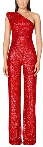 shownicer Jumpsuit Damen Pailletten Jumpsuit Eine Schulter Elegant Overall Sommer Ärmellos Einteiler Lang Overall Hosenanzug Hohe Taille Romper A Rot S