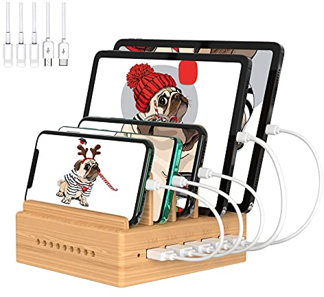 Alltripal Ladestation Mehrere Geräte aus Bambus mit 5 USB Ports Ladegerät Mehrfach Handy Ladestation USB Mehrfach