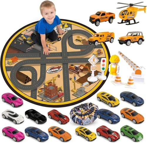 Die Cast Metal Toy Cars with Carpet Mat Kids Mini Racing Vehicles Sport Cars and Construction Vehicles with Engineer Figure City Mat