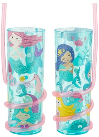 FabFinds Kids Drinks Cup with Curly Straw Reusable Drinks Cup 2 Pack (Blue Mermaid)