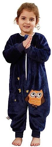 HAHASHOW Baby Winter Schlafsack mit Füßen Flanell 2.5 Tog 2-3 Jahre Eule | Warm und Weich, Zweiwege Reißverschluss, Maschinenwaschbar, mit Ärmeln und Geteilten Füßen, für Herbst und Winter