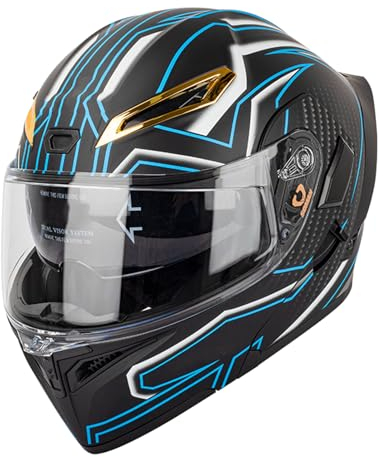 Shkalacar Motorradhelm, Unisex hochklappbarer Integralhelm mit Doppelvisier, Integrierte Sonnenbrille, Four Seasons New Motorradhelm für Fahrer (L, Schwarz mit blauem Streifen)