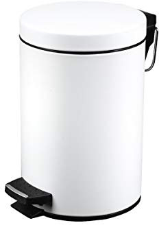 CAMPALO Abfalleimer, Kosmetikeimer mit Deckel 12 Liter, Ø 25 x H39 cm, Metall Mülleimer, mit herausnehmbarem Innenbehälter für Abfälle, Trittmechanik, für den Innenbereich. Weiss.