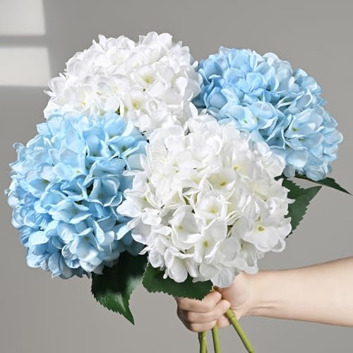 BLEUM CADE Künstliche Hortensien mit realistischen Stielen, 45,7 cm große künstliche Blumen, Kunstblume für Zuhause, Party, Dekoration, Outdoor, Hochzeit, Blumensträuße, Tischdekoration, Weiß, Blau, 4
