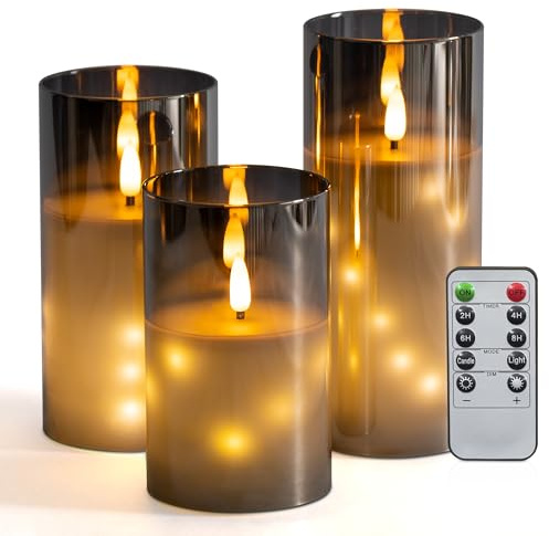 WinsTime Graue flammenlose Kerzen aus Glas mit eingebetteten Lichterketten, Flammenlose Kerzen mit Fernbedienung Timer Funktion, Batteriekerzen, echtem Wachs, 3er-Set(12,5/15/17,5cm)
