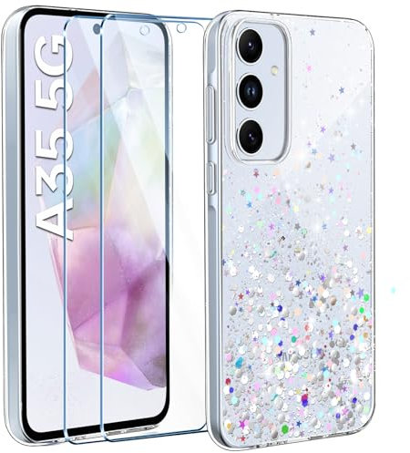 ivencase Glitzer Handyhülle Kompatibel mit Samsung Galaxy A35 5G Hülle, Klar Silikon Case+2 Stück Schutzfolie, Transparent Pailletten Kratzfest Hülle Weich TPU Stoßfeste Schutzhülle Samsung A35