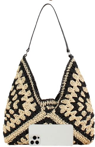 Große Stroh-Hobo-Taschen für Damen, Boho-Azteken-Umhängetasche, gewebte Hobo-Geldbörse, Designer-Strandtasche für Sommer, Urlaub, Arbeit, Schwarz1 mit schwarzem Riemen, Einheitsgröße