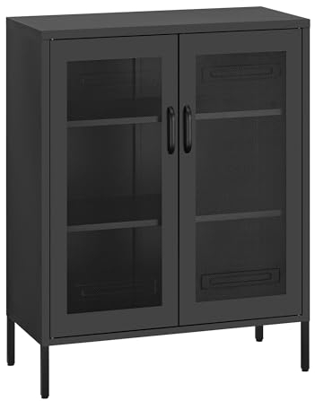 HOMSTEEL Aufbewahrungsschrank aus Metall, Sideboard-Schrank mit Gittertüren, Schnapsschrank mit verstellbaren Einlegeböden für Küche, Wohnzimmer, Home Office, Schwarz