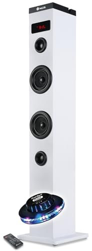 Bmi Tour de Son Bluetooth Blanche 50W NGS SKYCHARM avec Télécommande, Entrée Optique, USB, Radio FM et AUX in, Jeu lumière OVNI LED