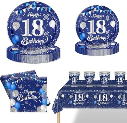 POPOYU 69Pcs 18th Birthday Party Tableware Navy Blue,18thBirthday Napkins Blue and Silver,18th BlueSilver Table Cloth,18thBirthday Paper Plates and Cups for Men Women Birthday Gifts Party Supplies