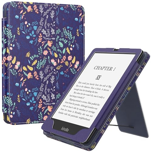 MoKo Étui Compatible avec 7/6,8 Pouces Kindle Paperwhite(12e Gén. 2024/11e Gén. 2021), Coque de Protection avec Dragonne, Auto Réveil/Veille pour Kindle Paperwhite Édition Signature, Fleurs sur Bleu
