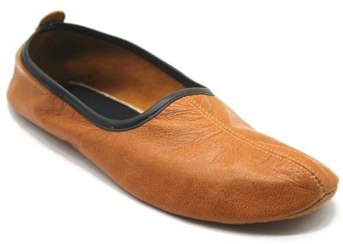Akdam Pantofole da uomo in pelle anticata marrone chiaro tradizionale Babouche scarpe da casa a piedi nudi mocassino, Marrone chiaro antico, 42 EU