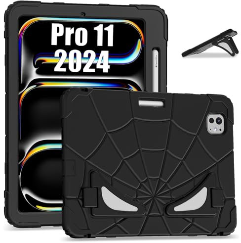 ANROD für iPad Pro 11 Zoll M4 2024 (A2836/A2837/A3006) Robuste Kinder Hülle mit [Pen Halter] [Doppel Ständer] Stoßfester PC + Silikon Hybrid Heavy Duty Armor Kinder Hülle (Schwarz)