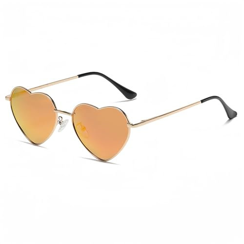 qinqilanqi-S Polarisierte herzförmige Sonnenbrille Damen Männer Hippie Brille Vintage Liebe Sonnenbrille für Festival Party Gold Metallrahmen mit UV-Schutz (Gold/Rot reflektierend)