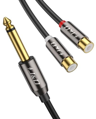 J&D Cavo Audio 6.35 mm a Doppio RCA, Adattatore Y 1/4 Mono TS Maschio a 2 RCA Femmina, Connettori Dorati, Ideale per Consolle di Mixaggio e Sistemi Stereo, 0.2 m