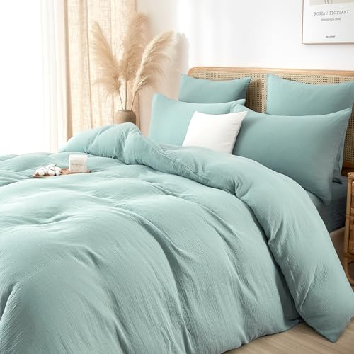 Luofanfei Baumwolle Bettwäsche 135x200 4teilig Muslin Mintgrün Grün Renforce Uni Sommer Kühlende Bettwäsche Set Weiche Bettbezüge Knitterlook Bügelfrei mit Reißverschluss und Kissenbezüge 80x80
